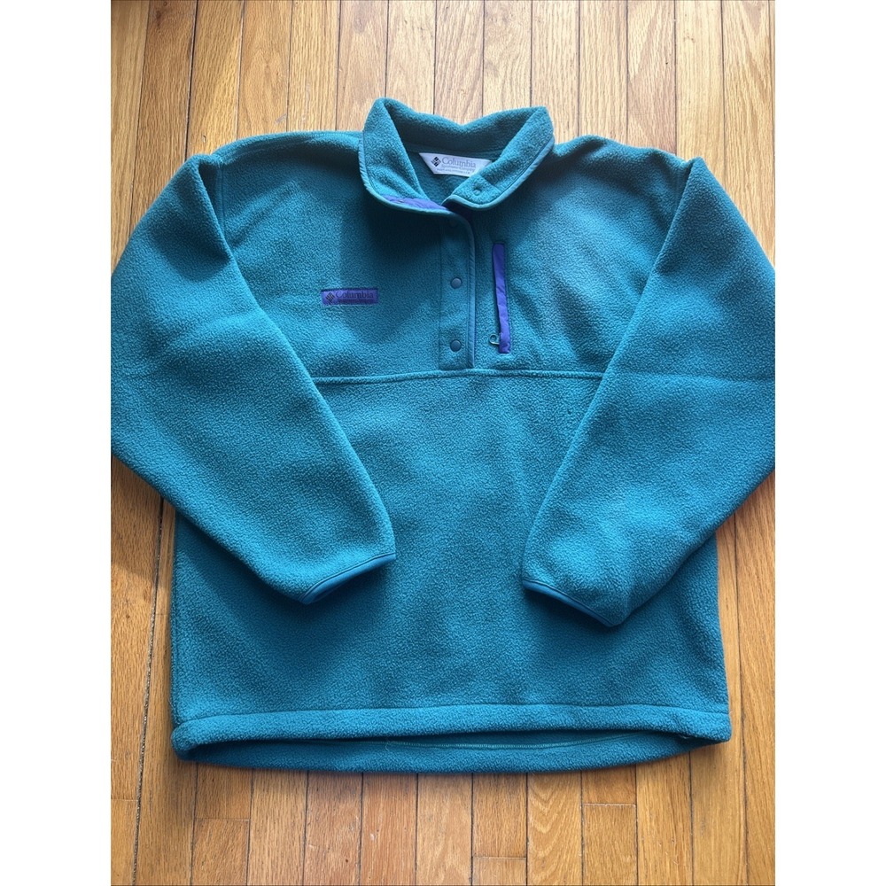 Vtg 90s Large Retro Columbia Teal Purple Fleece 1/4 Snap Pullover Sweatshirt
